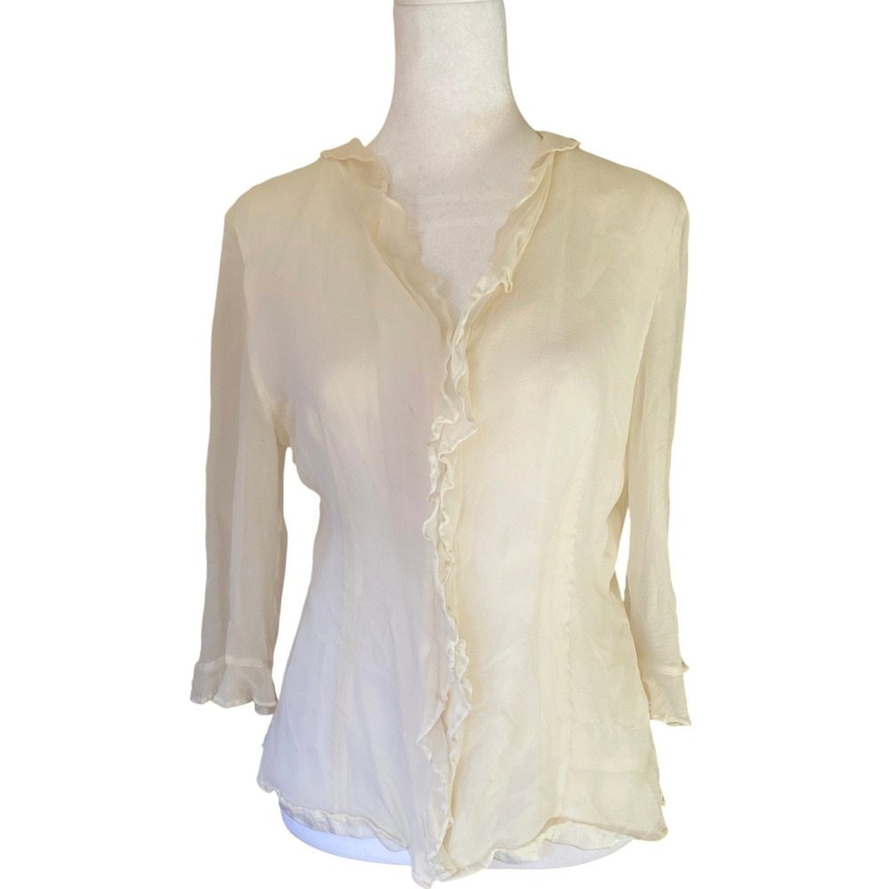 Vintage Cream Ruffle-Trim Sheer Blouse